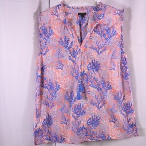 Talbots Pink Blue White V‑Neck Tassel Close Sleeveless Blouse Womens Medium